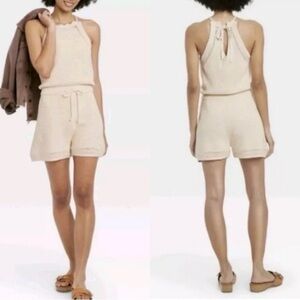 Universal Thread Women's Beige Cotton Crochet Knit Sleeveless Romper Medium